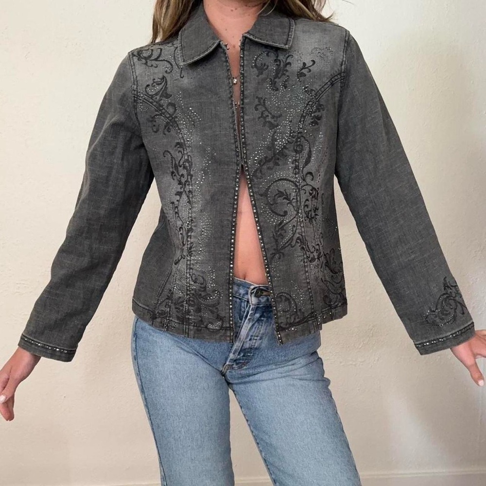 Vintage Y2K Grey Denim Stonewash Jacket with Hook and Eye Closures